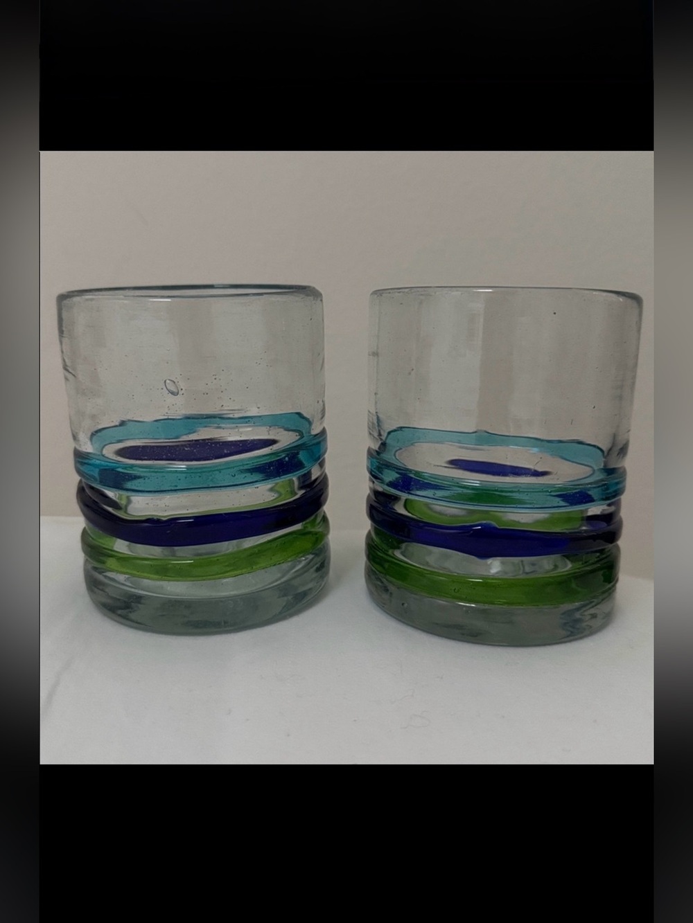 MEXICO HANDBLOWN TUMBLER GLASSES 2 SET STRIPES Cobalt Aqua Green Barware 12 oz